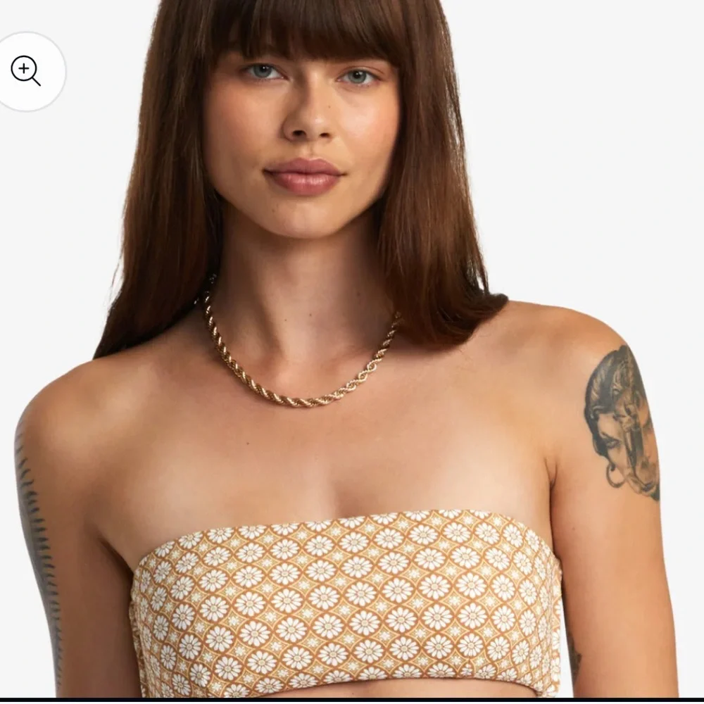 RVCA Brown and White Lotus Bandeau Bikini Swim Top